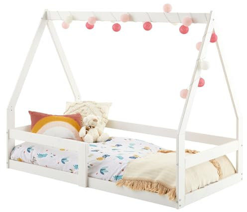 IDIMEX Hausbett Tami Kinderbett in Hausform, 70 x 140 cm, weiß, Kiefernholz Kinderbett mit Rausfallschutz, ideal zum Schlafen und Spielen, Bodenbett, Montessori