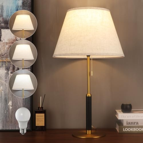 PSDSSHIIS 26.4 Mid Century Living Room Modern Table Lamp with Pull Chain Switch, Bedside Lamps for Bedroom 3-Color Light, Wood/Metal/Fabric Nightstand Lamp for Home/Office/Desk (Light Brown+Brass)