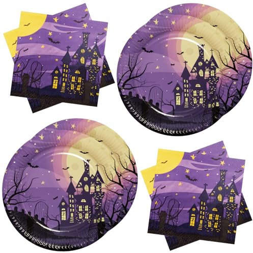 BFB Assiettes en papier d'Halloween Maisons Hantées Lot de 40 Assiettes, Serviettes carton jetable Vaisselle de fête