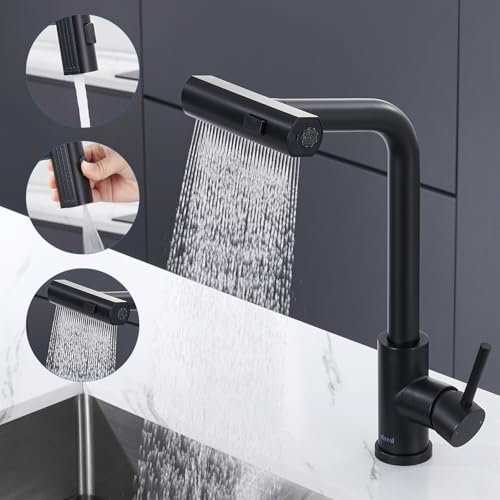 Ulytid Robinet Cuisine Noir Cascade, Mitigeur Cuisine avec Douchette Extractible 3 Modes de Réglage, Robinetterie Evier Cuisine Escamotable Rotatif à 360° en Acier Inoxydable, Finition Noir Mat