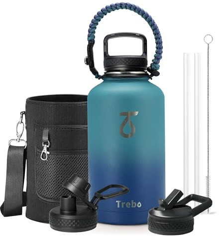 Trebo Borraccia Termica, Borraccia con Cannuccia Borraccia acciaio inox fredda per 48 ore Borraccia Termica Bottiglia in Metallo con Manico in Paracord, 1893 ml, Blu Ciano