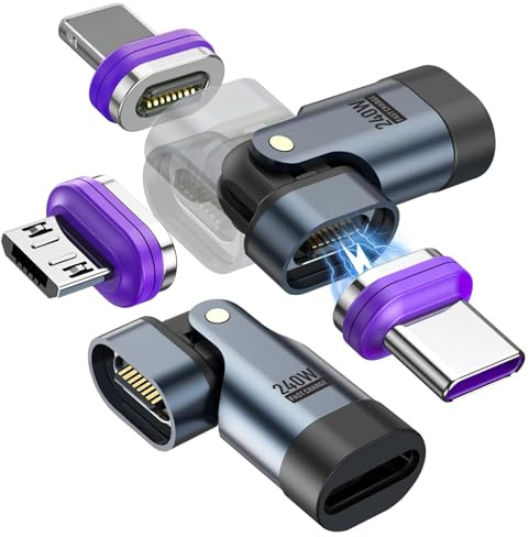Enjiror 3in1 USB C Magnetic Adapter to Type C/iPhone/Micro 2USB C with 3Adapters 180° Rotatable 16pin Multi Connectors Supports PD 240W 5A Quick Charge and Data Transfer for Mac Laptop Tablet Android