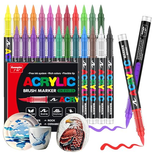 Gelanty Acrylic Pen Set, 24 Colours Acrylic Paint Marker with Flexible Brush Tip, Direct Liquid Brush Marker for Rock Painting, Ceramic, Wood, Glass