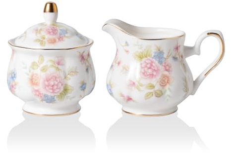 Sweejar Home Royal - Set da 3 pezzi in ceramica per zucchero e lattiera, con brocca per panna, zuccheriera, set per zucchero con coperchio e cucchiaio, regalo per matrimonio (fiore piccolo)