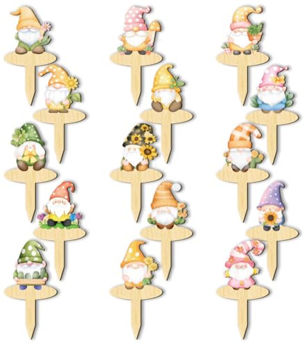 arricraft 15 Pcs Gnome Shaped Wooden Plant Tags, Colorful Shaped Waterproof Garden Stake Plant Marker for Indoor Outdoor Potted Nursery Marker Decoration Accessories