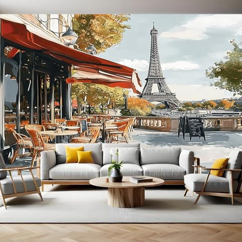 Papier Peint 300x210 cm Café de la rue de Paris Panoramique 3D Poster Geant Mural Photo Muraux Pour Salon Chambre à Coucher Maison Décoration Intérieure Moderne