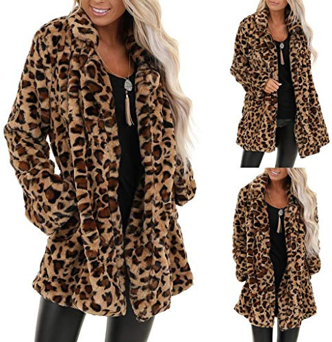 Veste en Fausse Fourrure pour Femme Manteau Fausse Fourrure Léopard Manteau Femme Ouvert Avant Revers Parka Veste Cardigan Hiver Automne Chaud Manche Longue Coat Jacket avec Poches z4