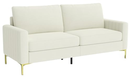 HOMCOM Sofá de 3 Plazas, Sofá de Salón de 181 cm, Tapizado en Terciopelo, Cojines Gruesos, Patas de Metal, Estructura de Madera, para Sala de Estar, Dormitorio, Oficina, Crema