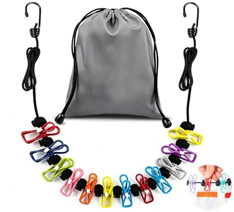 12 pinzas antideslizantes coloridas elásticas para viajes, tendedero retráctil, sin taladro, para camping, caravana, balcón, interior, exterior, lavandería, viajes, dormitorio de estudiantes