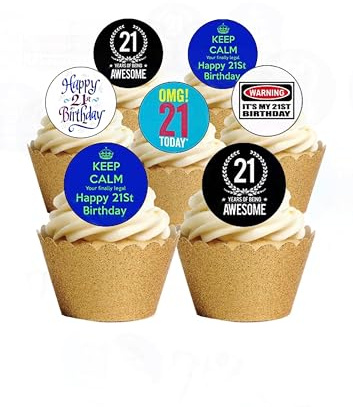 24 Precut Round Edible Wafer Paper Happy 21st Twenty One Birthday Boy Man Themed Cake Toppers Decorations