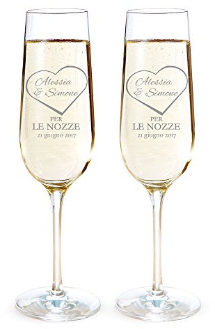 AMAVEL Set 2 Calici da Spumante in Vetro, Incisione per Le Nozze Personalizzata con Nomi e Data, Flûte per Coppie, Accessori Decorativi Nozze