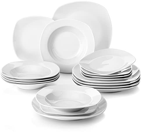 MALACASA Vajillas Completas Modernas 18 Piezas, Juegos de Platos para 6 Personas con 6 Platos Hondos/ 6 Plato llanos/ 6 Plato de Postre, Apto para Microondas y Lavavajillas, Serie ELISA