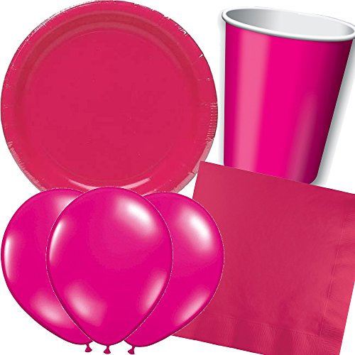 37-teiliges Partyset in * PINK / HOT MAGENTA * mit Teller + Becher + Servietten + Deko // Kindergeburtstag Kinder Set Partygeschirr Geburtstag Party Mottoparty Motto Luftballons rot rosa rose