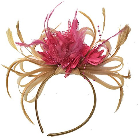 Champagne Gold Beige Camel and Fuchsia Pink Fascinator on Headband Alice Band UK Wedding Ascot Races Derby