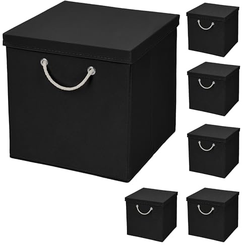 StickandShine 6er Set Schwarz Faltbox 30 x 30 x 30 cm Aufbewahrungsbox faltbar mit Kordel und mit Deckel