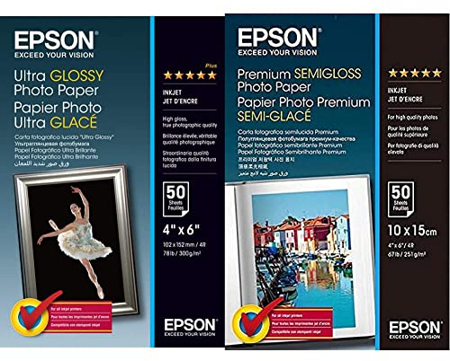 Epson C13S041943 Ultra Glossy Photopapier Inkjet 300g/m2 100 x 150 mm 50 Blatt Pack & Fotopapier Premium Semigloss 10x15 50Blatt S041765