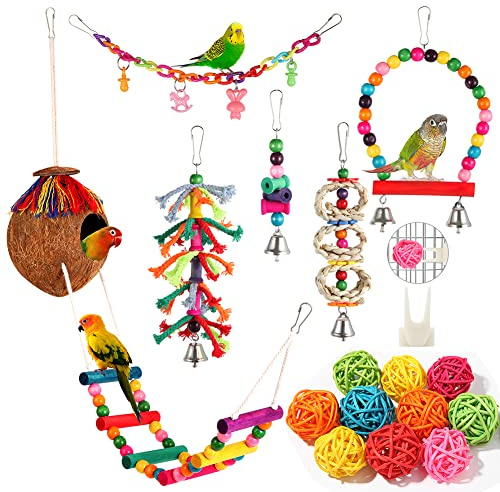 Parakeet Bird Parrot Toys Colorful Swing Chewing Hanging Toys with Bells Climbing Ladder Coconut Bird Cage for Small Cockatiels,Conures,Finches,Budgie,Macaws,Love Birds（PET-ONLY USE）
