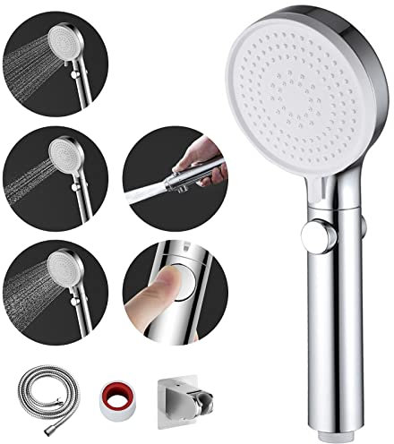 MIAOHUI Chrom Duschkopf Druckerhöhend, Handbrause mit 3 Strahlarten, Duschschlauch mit Duschkopf, wassersparend Hochdruck Duschbrause mit Wasserstop Funktion, Duschbrause mit Schlauch und Halterung