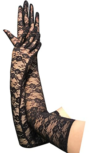 COSFAN Gants en dentelle pour femmes, gants de mariage floraux, gants d'opéra noirs, gants de danse extensibles au coude, accessoires de costume pour Halloween Cosplay