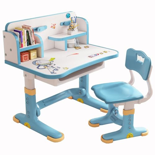AFKSMILE Kinderschreibtisch und Stuhl Set, Höhenverstellbar Schreibtisch Kinder Mit Schubladen und Bücherregalen, Cartoon Schreibtisch Bücherregal für Jungen und Mädchen zu Studieren (Weltraum Blau)