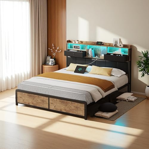 Bett mit LED Beleuchtung, Kopfteil & Ladefunktion, Doppelbett Metallbett mit 4 Schubladen, Industrieller Bettrahmen Jugendbett, Stauraumbett mit Lattenrost aus Metall, Ohne Matratze (140x200cm )