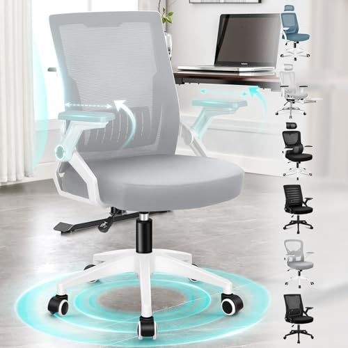 ALFORDSON Vridbar kontorsstol, mellanryggs ergonomisk i nät med hjul, bekvämt ländryggstöd, vikbara armstöd, perfekt för hem, sovrum, conrad, vitt och grått