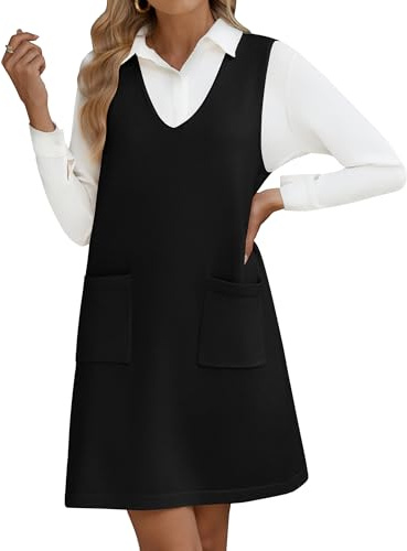 Hotouch Damen Kleider V Ausschnitt ärmellos Strickkleider Knit Pullunder Kleid Freizeitkleider Loose Casual Lang Sweater Vest mit Taschen