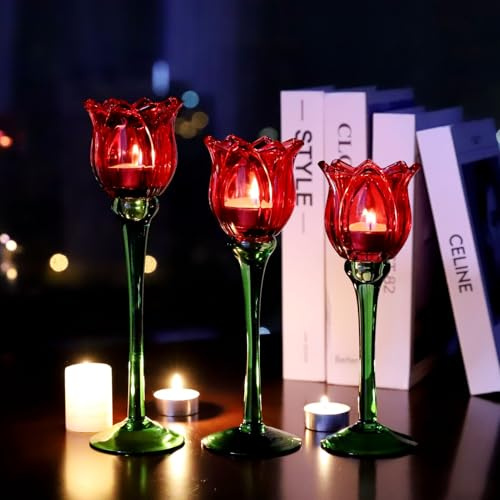 Vohocandle Red Flower Tea Light Candle Holders Gifts for Christmas Holiday, Red Tealight Holders Glass for Valentines Decorations, Tulip Tea Light Holders Glass Decor for Romance Tabletop(Set of3)