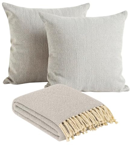 Marrakesch 3er Set Calix Grau Tagesdecke 125x150 & 2 Kissenbezüge 40x40 aus Baumwolle | Boho Sofaüberwurf mit Fransen & 2 Zierkissen ohne Füllung | Dekokissen & Couchdecke Wohnzimmer Deko Skandi