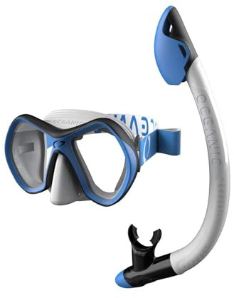 Oceanic Snorkel Combo Set Youth for Ages 6-14 - Dry-Top Snorkel & Tempered Glass Mask - Soft Silicone Seal, Comfortable Fabric Strap - Snorkeling Gear for Kids