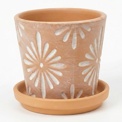 SYDDOL Pot de fleurs en terre cuite de 14 cm avec soucoupe, motif tournesol vintage en relief, pot de fleurs en argile vieilli pour herbes d'intérieur, plantes grasses et cactus - Décoration de jardin