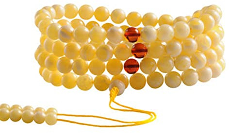 KFGISD, Buddhist Bön Pärlor Armband, Pärlor Armband, Bön Pärlor, 10 Mm Gul Vit Bärnsten Pärlhalsband Armband,Buddhistiska radband(Wit)