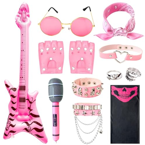 MUU Costume punk Rockstar – Accessoires de déguisement gothique rockstar avec lunettes de soleil, bandana, gants, bracelets, bagues, guitare et microphone pour Halloween et cosplay – Rose