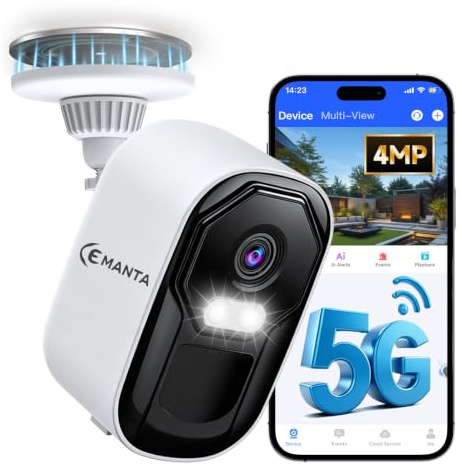CEMANTA 4MP Überwachungskamera Außen Akku mit 5GHz/2,4GHz WLAN | Kostenloser Cloud-Speicher&Sicherer lokaler, IP66, KI-Erkennung, Farbige Nachtsicht, Zwei-Wege-Audio, Kompatibel mit Alexa