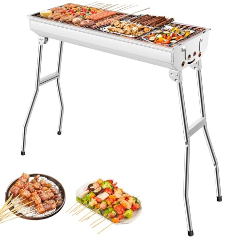 Viugreum Barbacoa de Carbón y Leña, Barbacoa Portátil Plegable de Carbón, Acero Inoxidable 410, con Malla Metálica, Barbacoa para Picnic, Barbacoa de Acero para Jardín Camping Terraza