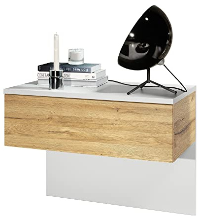 Vladon Nachttisch Sleep, Made in Germany, Nachttischschrank mit Schublade zur Wandmontage, Weiß matt/Eiche Natur (60 x 46 x 35 cm)