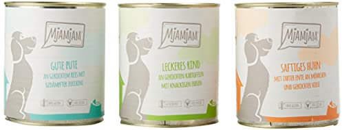 MjAMjAM - Premium Nassfutter für Hunde - Mixpaket I - Huhn & Ente, Rind, Pute, 6er Pack (6 x 800 g), naturbelassen mit extra viel Fleisch