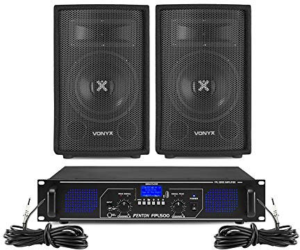 Vonyx SL8 Passive PA Speaker System with Fenton FPL500 Amplifier – 8-Inch PA Speakers and Amp Kit, Bluetooth, MP3, 500W DJ and Home Audio Sound System Set