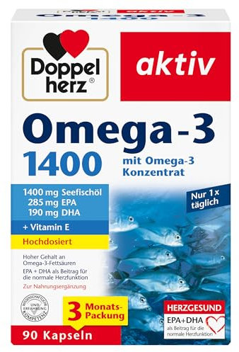 Doppelherz Omega-3 1400 mg - Hochdosiertes Omega-3-Konzentrat plus Vitamin E - Hoher Gehalt an Omega-3-Fettsäuren EPA & DHA - 90 Kapseln