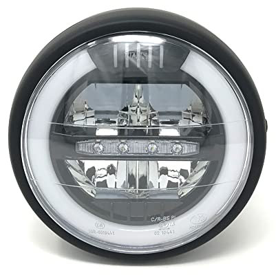 Faro LED para motocicleta de 165 mm con alto | Luz de cruce y halo de luz diurna DRL | Homologado, Ajuste Universal, Acabado Negro Satinado para Cafe Racer | Modelos Roadster & Streetfighter