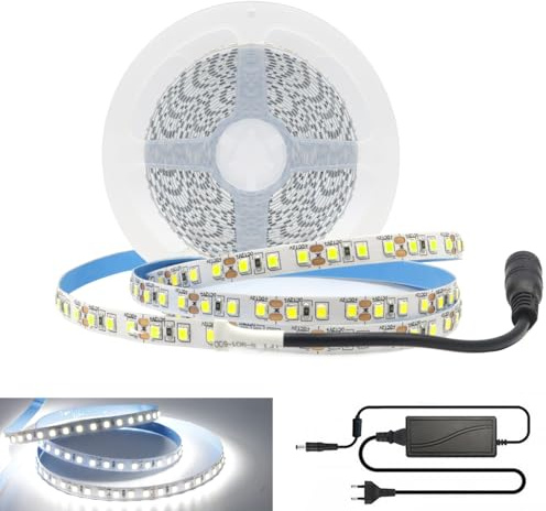 Arote 12V 5M LED Streifen Set 600LEDs Kaltweiss 6000K Lichtband mit Netzteil,2835SMD Strip Kit Licht Leiste Lichtleiste,DIY Flexibel LED Band Innenbeleuchtung für Deko Party Küche Weihnachten kaltweiß