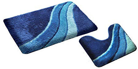 S&S-Shop Badematte Set | Blau | Kiel | mit Ausschnitt | 2 teilig | rutschfest | WC-Vorleger 50 x 45 cm | Badvorleger 50 x 90 cm | Badteppich | Teppich | Bad | Badezimmer