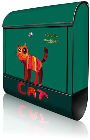 banjado Design Briefkasten personalisiert 38,5x46,5x13cm & 2 Schlüssel - Briefkasten Stahl Schwarz Zeitungsfach pulverbeschichtet - Postkasten A4 Einwurf inkl. Montagematerial - Motiv Orange Katze