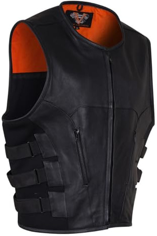 Men’s Black Leather Motorcycle Vest – SWAT Team Style with Zipper Front & Adjustable Side Straps (Large)