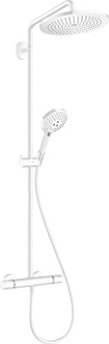 hansgrohe wassersparendes Duschsystem Croma Select S Showerpipe 280 Regendusche (Duschkopf, Duschstange, Thermostat, Schlauch, 3 Strahlarten) Mattweiß