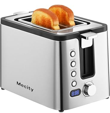 Mecity Toaster 2 Slice Stainless Steel Body, Timer, Bagel, Defrost, Reheat, Cancel Functions, Warming Rack, Removable Tray, 6 Browning Settings, Extra Wide Slots, Bread Toaster 800W