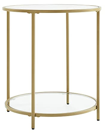 VASAGLE Beistelltisch rund, Couchtisch, Nachttisch aus Hartglas mit Stahlrahmen, mit offenem Ablagefach, modern, für Wohnzimmer, Schlafzimmer, goldfarben LGT034A61
