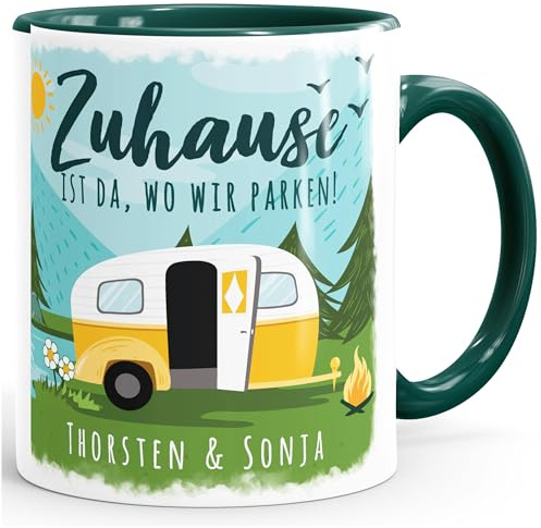 SpecialMe® Kaffee-Tasse personalisiert mit Namen Zuhause ist da wo wir parken Wohnwagen Camping Geschenke Weiss-innen-gruen standard