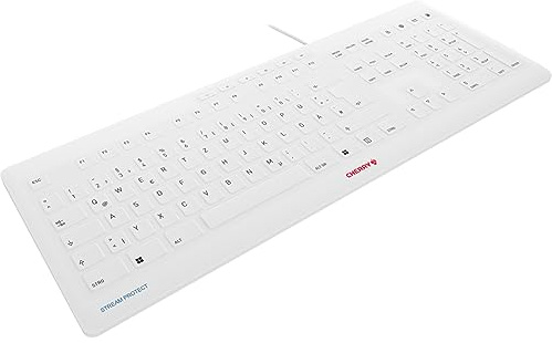 CHERRY Stream Protect Keyboard, kabelgebundene Tastatur mit abnehmbarem Silikon-Tastaturschutz, Deutsches Layout (QWERTZ), flaches Design, desinfizierbar, weiß-grau