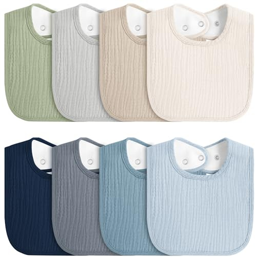 MairMore 8-Pack Baby Muslin Bibs, Soft Cotton Drool Bibs for Boys Girls, Adjustable and Absorbent Newborn Bib Set for Feeding and Drooling